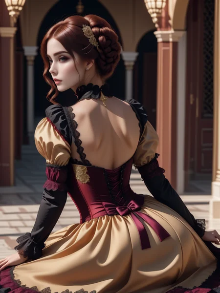 cinematic photo a beautiful woman wearing a ((idol dress,victorian dress)) Sitting with legs stretched out in Medina of Tunis, <lora:xl_n15g_aio_clothing-2.0:1>, realistic, vibrant, vivid, [full body],
Long Shot, from behind, [full body],
suspicious,
Bouffant,
Leggings,
Dark Auburn hair, . 35mm photograph, film, bokeh, professional, 4k, highly detailed