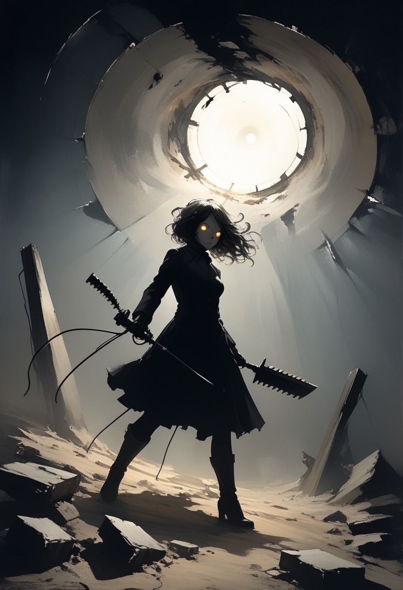 female, liminal space, Synthesis, Phase Twist, pain, Saw, Fourier, Bekeshi and Hole, by Ashley Wood, mechanical and organic background, contrast of light and dark, surreal atmosphere.  action pose,  style of Andreas Achenbach