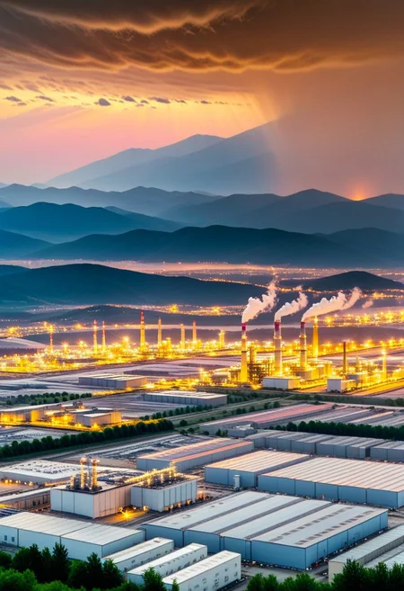 a dense layer of gray clouds illuminated in light rose color from above, a small golden sun, light gray mountains in the distance on the horizon among which power plants and industrial buildings can be seen, closer gray mountains on the horizon among which power plants and industrial buildings can be seen, black mountains on the horizon among which power plants and industrial buildings can be seen,