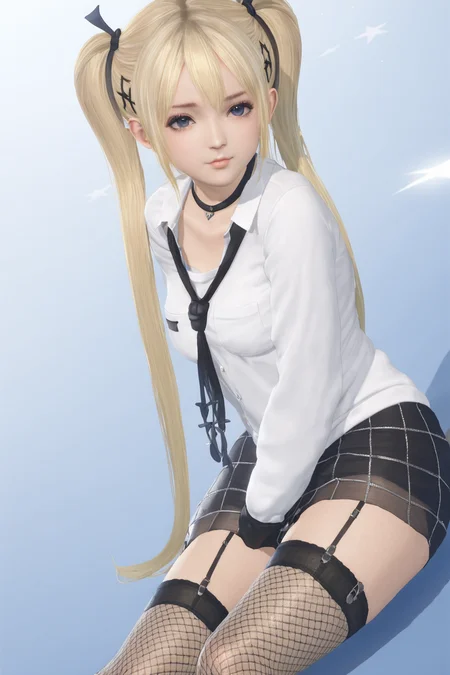 masterpiece, best quality, 1girl, shirt,  blonde hair, star \(sky\), twintails, crossed legs, fishnet thighhighs, boots,  <lora:marie_rose1-000008:0.6>