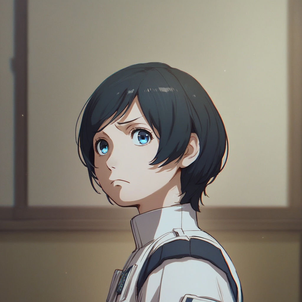 score_9, score_8_up, score_7_up, score_6_up, izana-shinatose, Shidonia-no-Kishi, 1girl, solo, looking at viewer, short hair, blue eyes, black hair, closed mouth, upper body, female focus, indoors, uniform, swept bangs, anime coloring, portrait, frown