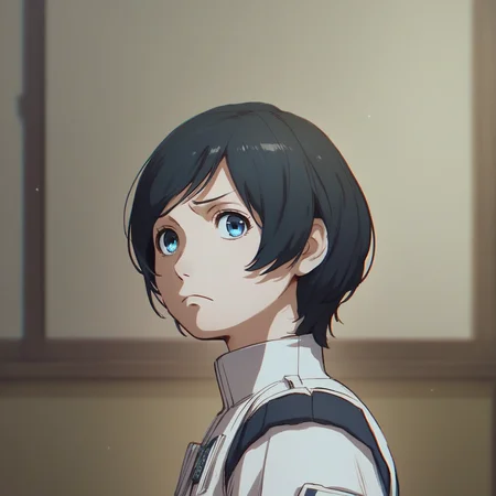 score_9, score_8_up, score_7_up, score_6_up, izana-shinatose, Shidonia-no-Kishi, 1girl, solo, looking at viewer, short hair, blue eyes, black hair, closed mouth, upper body, female focus, indoors, uniform, swept bangs, anime coloring, portrait, frown