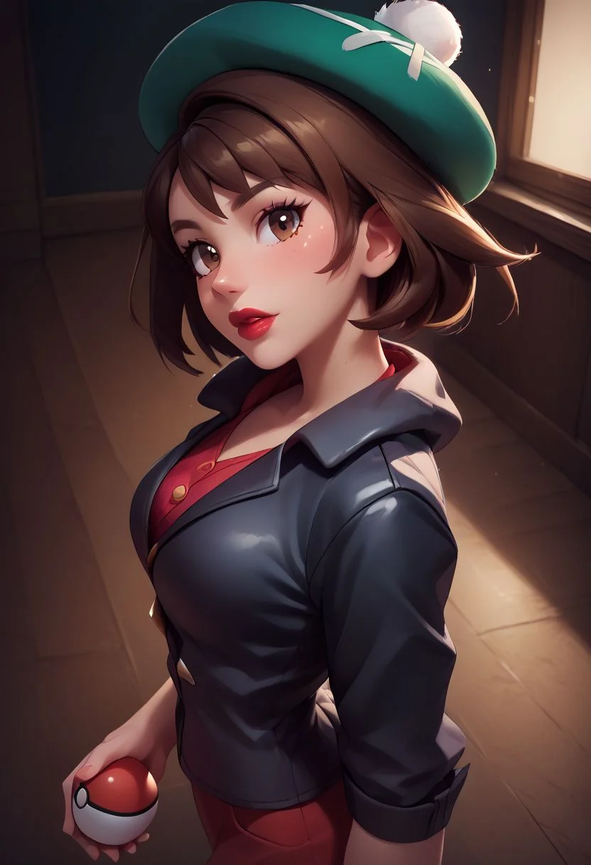 score_9, score_8_up, score_8, 1girl, (large breasts), 
pretty girl, vivid colors, indoors, 
 from above, 
BREAK, 
 gloria (pokemon), green hat, brown hair, brown eyes, looking at viewer, black jacket, formal, suit, black background, red lips, curvy, head tilt, shiny clothes, holding pokeball,