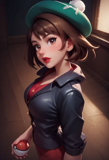 score_9, score_8_up, score_8, 1girl, (large breasts), 
pretty girl, vivid colors, indoors, 
 from above, 
BREAK, 
 gloria (pokemon), green hat, brown hair, brown eyes, looking at viewer, black jacket, formal, suit, black background, red lips, curvy, head tilt, shiny clothes, holding pokeball,