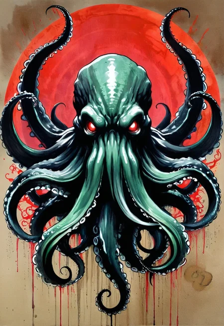 (by LOUI JOVER:1.3), sketch,traditional media,
an awe-inspiring portrayal of a monstrous Cthulhu emerges from the depths. Every line and brushstroke bursts with vibrant energy, showcasing the intricate details of the beast's menacing tentacles, adorned with striking shades of black and red. The image, most likely a dynamic and captivating painting, captures the essence of this legendary sea creature: its formidable power, dark allure, and undeniable presence. With meticulous precision, the artist masterfully captures the Kraken's fierce gaze and the intensity of its wrath, making this a mesmerizing and top-tier representation to behold
<lora:LOUIJOVER#SXDL1.0#by Loui Jover#v2.00#-000006-rs.sv_fro.0.999-nr.0128:0.85>