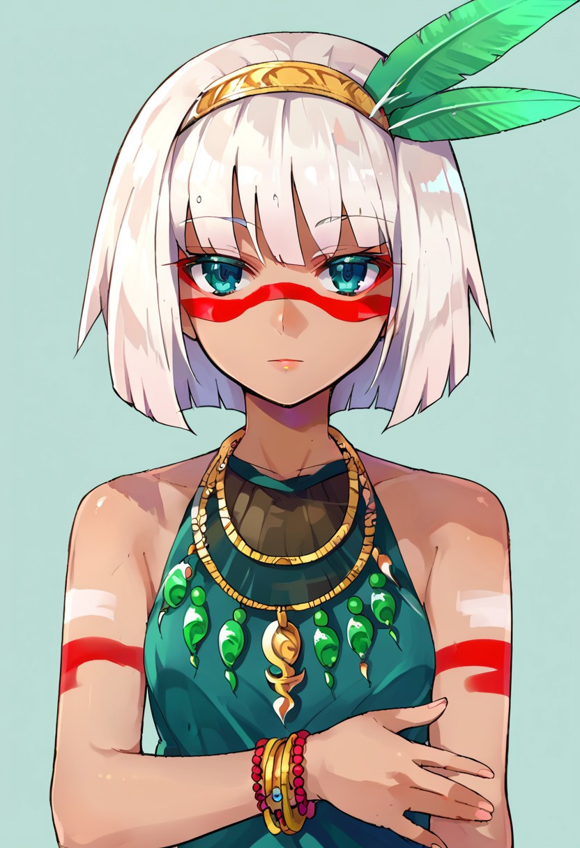 score_9, score_8, score_7, source_anime, asatsuki, 1girl, solo, jewelry, hairband, feather hair ornament, looking at viewer, bracelet, necklace, facepaint, bare shoulders