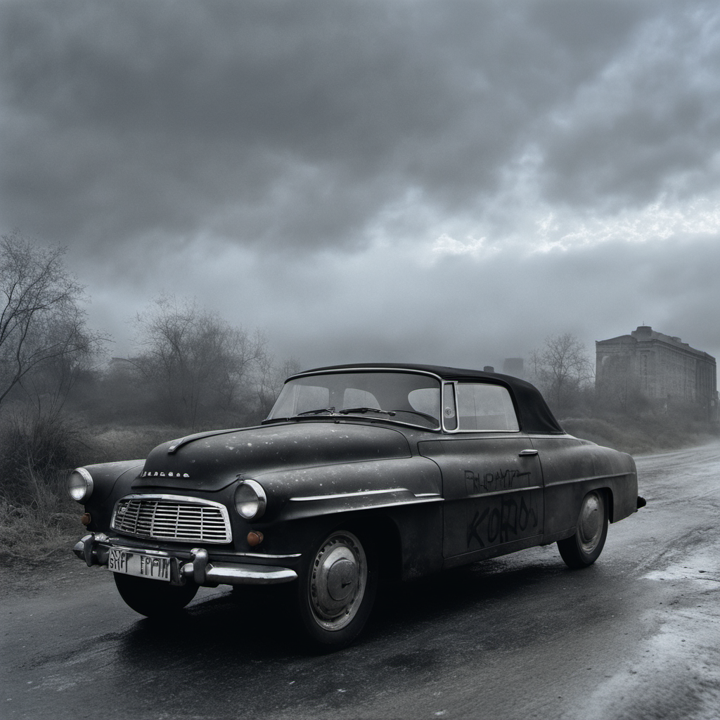 analog film photo  <lora:SkodaFelicia-SDXL:1> <lora:Grit-SDXL:1> <lora:Cloudify-SDXL:1>   main focus (black graffiti paintwork car:1.3), grit, stains, dynamic view, cloudy sky, dusty road, volumetric lights, cinematic, mist, urban cyberpunk dystopian city,
 . faded film, desaturated, 35mm photo, grainy, vignette, vintage, Kodachrome, Lomography, stained, highly detailed, found footage