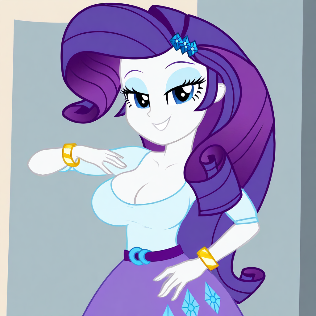 masterpiece, best quality, amazing quality, 1girl, solo, equestria girls, rarity, colored skin, white skin, long hair, purple hair, blue eyes, eyeshadow, bracelet, eq outfit, blue shirt, eq hair ornament, eq belt, eq skirt, purple skirt, sexy, large breasts, cleavage, beautiful, detailed, high detailed, very beautiful, detailed face, detailed eyes, detailed hand, smile, happy, lidded eyes, naughty face, looking at viewer, pose, modeling, face focus