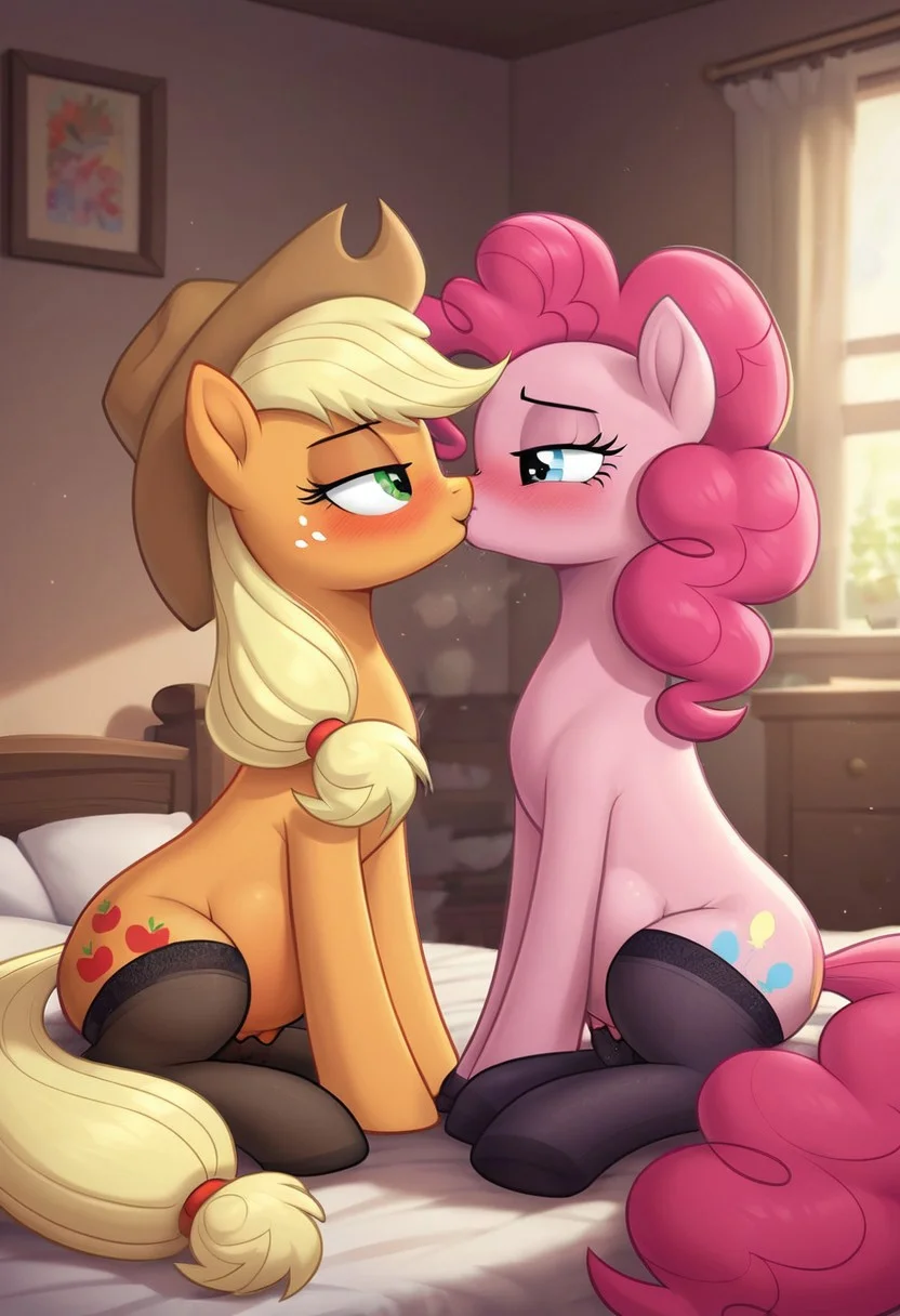 score_9, score_8_up, score_7_up, score_6_up, score_5_up, score_4_up, pony, feral, applejack, pinkie pie, duo, duo female, bedroom, bed, indoors, detailed, beautiful, female, vector, blushing, naughty smile, in heat, sexy, anatomically correct, medium teats, looking at each other, stockings, black stockings, (kiss, kissing), pregnant, pregnancy, sitting