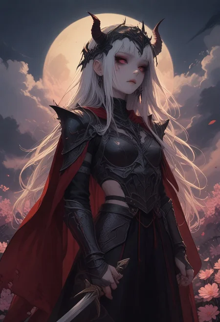 score_9, score_8_up, score_7_up score_9, score_8_up, score_7_up, score_6_up, score_5_up, score_4_up,
<lora:GothGirlAestheticV5-000015:1> g0th,
weapon, moon, armor, sword, flower, holding weapon, helmet, holding sword, holding, solo, full moon, long hair, outdoors, cape, sky, red cape, night, horns, pink flower, standing, cloud, shoulder armor, japanese armor, white hair