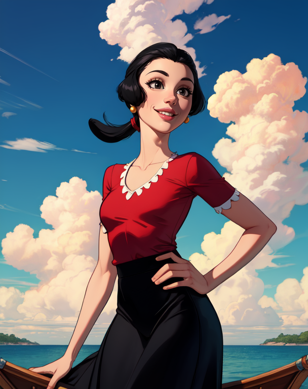 OliveOyl, short black hair with ponytail, black eyes, solo, upper body ,
red shirt , black long skirt, small earrings,
standing,    hips, 
smiling, waterboat,  sunny, clouds,
 (insanely detailed, beautiful detailed face, masterpiece, best quality)
 <lora:OliveOyl-10v5:0.7>