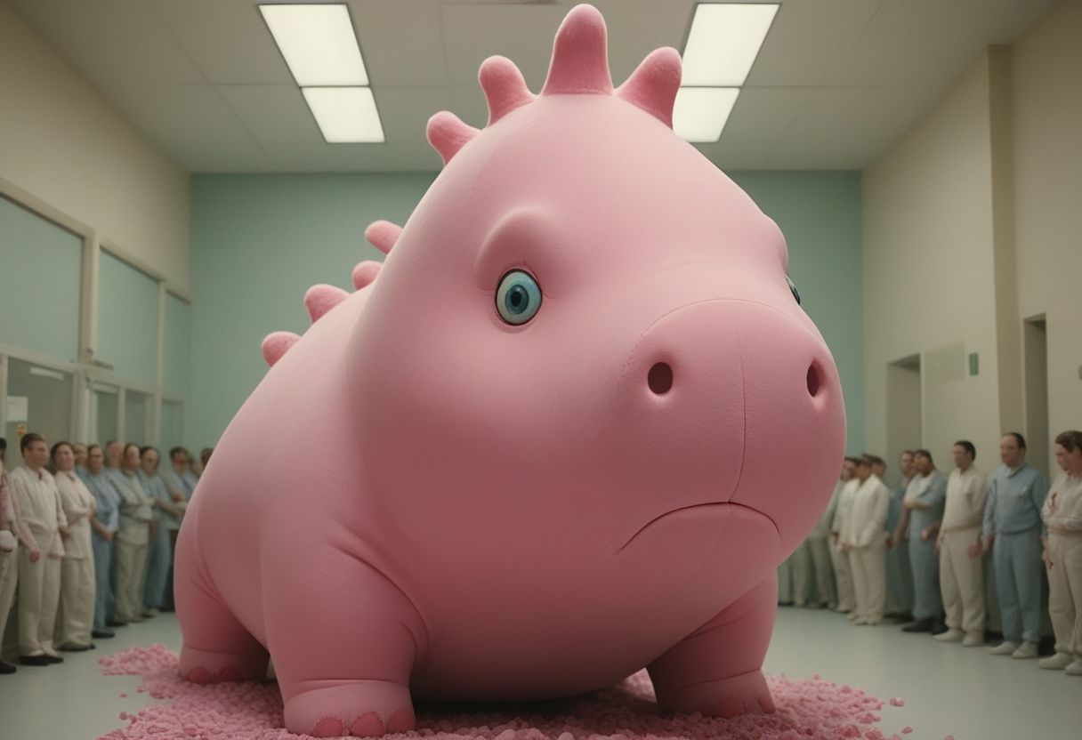 epic, cinematic, a towering (clown) pink chonkasaurus, chonkasaurus crowd, desaturised colours, in a sterile room, <lora:chonkasaurus-000003:1>