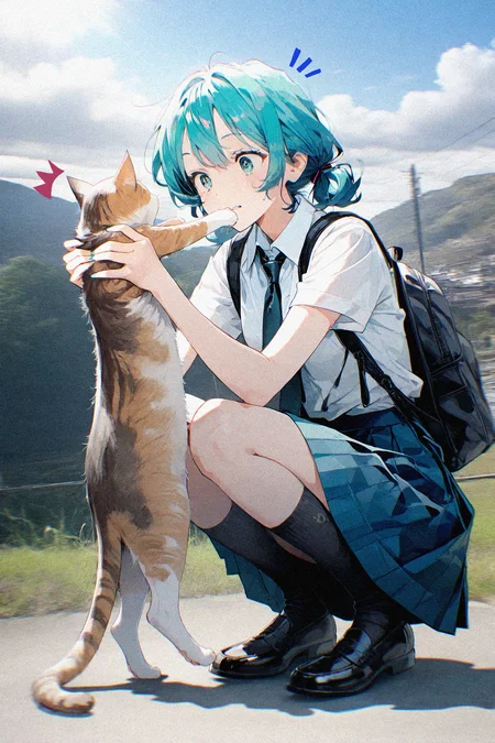 1girl, solo, handfixer, mature female, breasts, small breasts, hatsune miku, short hair, aqua hair, low twintails, aqua eyes, (school uniform:1.2), pleated skirt, blue skirt, collared shirt, white shirt, short sleeves, necktie, black necktie, backpack, socks, black socks, silly pose, face focus, arms outstretched, cat, holding cat, shocked, parted lips, looking at cat, squatting, shadow, masterpiece, best quality, highres, absurdres, newest, year 2024, year 2023, aesthetic, very aesthetic, charcoal \(medium\), (photo background:1.5), sky, cloudy sky, light rays
