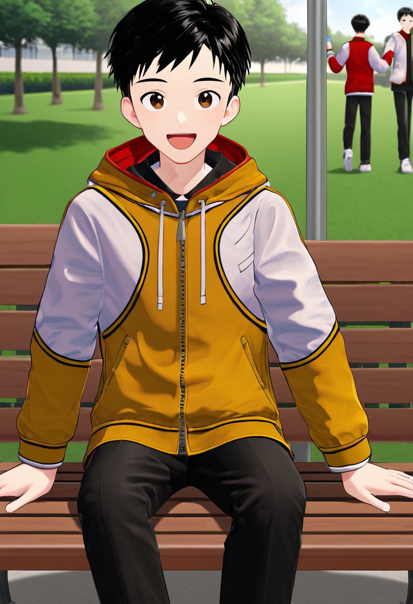 harmard, black hair, short hair, brown eyes, 1boy, (solo:1.20), solo focus, red_white_jacket, black pants, at park, happy expression, sit on bench, holding a bottle of water