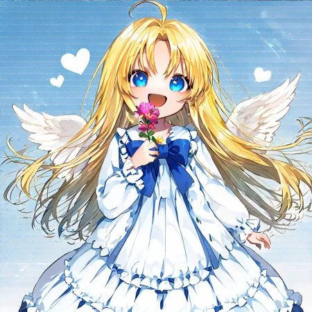 score_9, score_8_up, score_8, score_7_up, 
1girl, solo, AEFilo, blue eyes, blonde hair, ahoge, long hair, white wings, blue bowtie, white dress, frilled dress, frilled sleeves, long sleeves, barefoot, polka dots background, smile, open mouth, close shot, cute girl, looking at viewer,
cute, kawaii, hearts, holding flower, cupped hands,