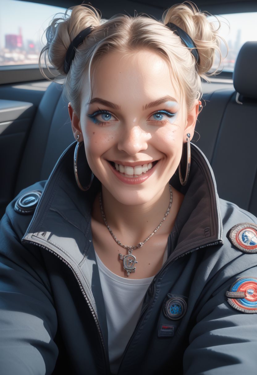 njmjzkz, 1girl, jewelry, earrings, solo, double bun, freckles, realistic, smile, hair bun, looking at viewer, white hair, piercing, upper teeth only, parted lips, jacket, grin, necklace, blue eyes, makeup, hoop earrings, realistic, sitting in a car, sidelighting, gossamer, futurism, cyberpunk zPDXL