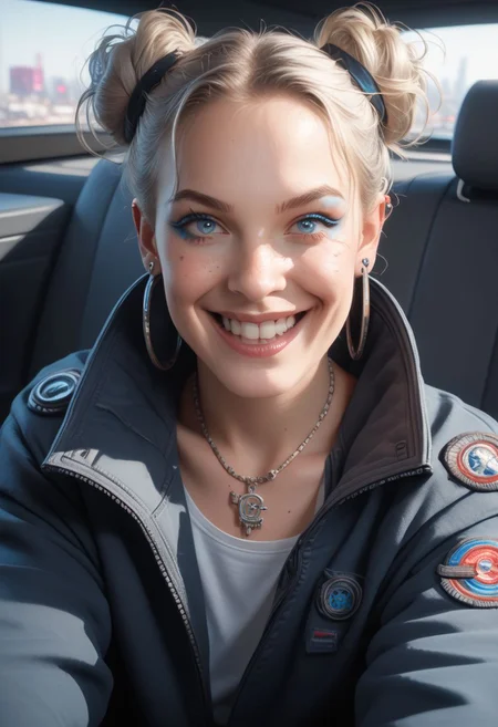 njmjzkz, 1girl, jewelry, earrings, solo, double bun, freckles, realistic, smile, hair bun, looking at viewer, white hair, piercing, upper teeth only, parted lips, jacket, grin, necklace, blue eyes, makeup, hoop earrings, realistic, sitting in a car, sidelighting, gossamer, futurism, cyberpunk zPDXL
