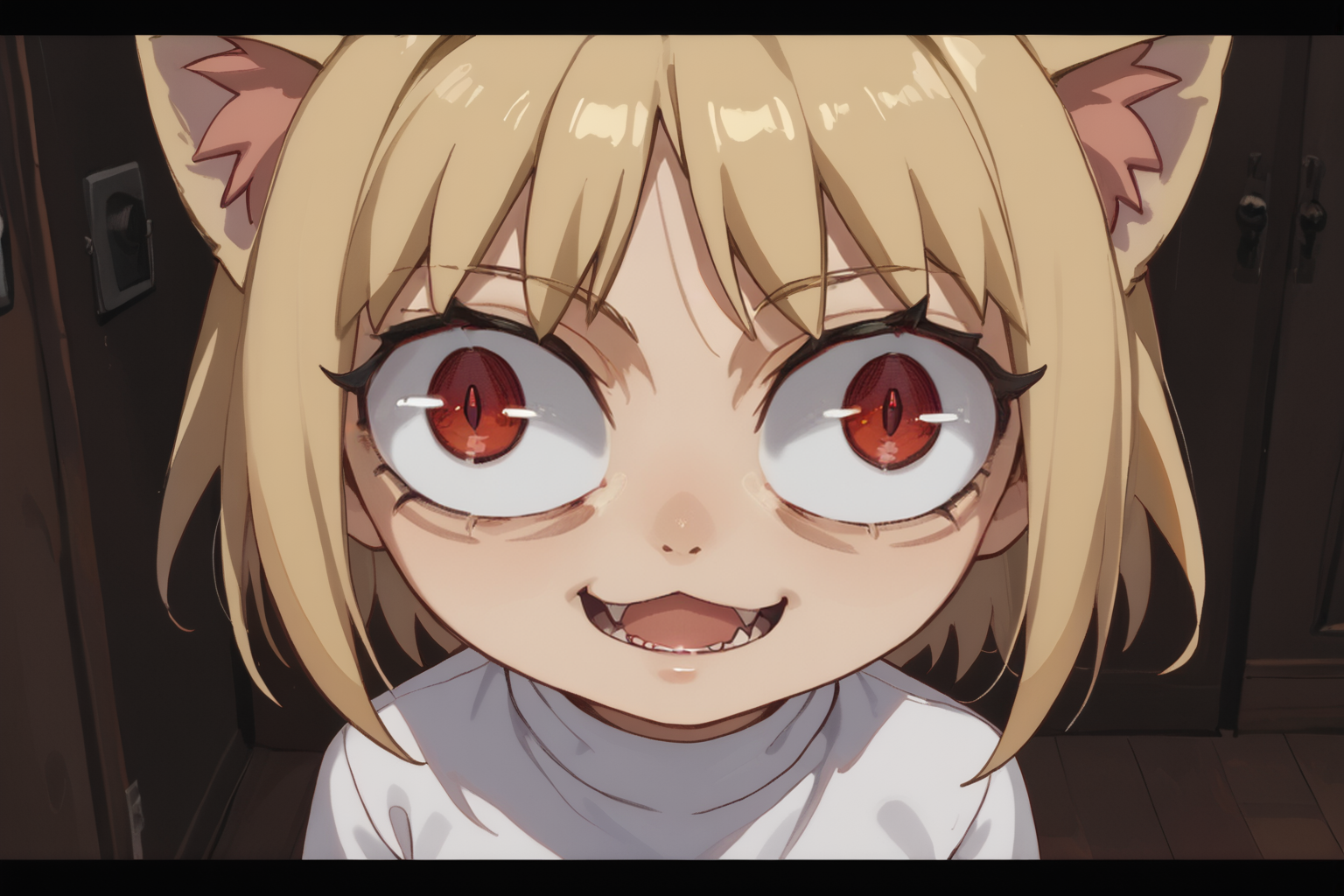 score_9, score_8_up, score_7_up BREAK insanity-angle, letterboxed, crazy eyes,  necoarc, lit pupils, cat ears, blonde hair, red eyes, chibi, :3, white shirt, turtleneck  <lora:insanity-angle:1> <lora:necoarc-guy-PONYv1_1:1>