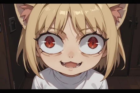 score_9, score_8_up, score_7_up BREAK insanity-angle, letterboxed, crazy eyes,  necoarc, lit pupils, cat ears, blonde hair, red eyes, chibi, :3, white shirt, turtleneck  <lora:insanity-angle:1> <lora:necoarc-guy-PONYv1_1:1>