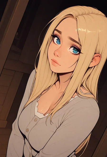 HDR, 8K, high contrast, masterpiece, best quality, amazing quality, very aesthetic, realistic, newest, volumetric lighting, (artist:incase:0.5), (artist:tsuaii:0.5), (flat colors:2), ultra detailed, golden hour, golden hour light on face, PG, well lit face, fully lit face, public background, outside,
1girl, attractive, big eyes, blue eyes, light blonde hair, (long hair), (long straight hair:1.4), parted bangs, hair on face, long hair strands, long hair ahead, long bangs, detailed hair, ear behind hair, hidden ears, makeup, plump lips, eyeliner, lipstick, large breasts, freckles, freckles on body, curvy, looking at viewer, head tilt, hair flowing, Expressiveh, submissive expression, fashionable clothes,
dynamic angle, shy pose,