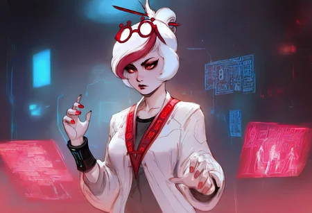 masterpiece, best quality, absurdres, laboratory,science fiction,technology,sketch,rbuzra,1girl, prhacn11, red-framed glasses, eyewear on head, red eyes, white hair, streaked hair, white coat, black shirt, red trim, black cuffs, hair sticks, red nails,hologram,circuitry <lora:ArielZuckerBrull-guy90-Illust-Lycorisv1:1> <lora:prhac_n11:0.8>