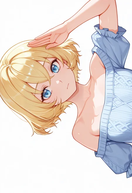 Smooth Quality,masterpiece,very intricate, high quality details, ultra realistic, high detailed skin,detailed enviorement,absurdres,
straight-arm salute,
<lora:Lierre_CNR:0.8> lierre_cnr, 1girl, blonde hair, short hair, bangs, blue eyes,, despair,, simple background, white background, sideways,solo,, off-shoulder blouse, ,pullover,,striped thighhighs, ,