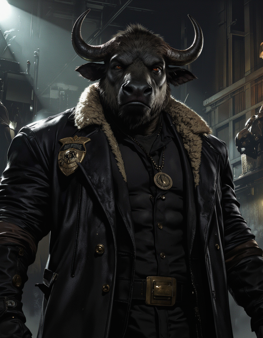 ZooPolis art. A dark and moody digital illustration shoot from a frontal camera angle about a fierce, anthropomorphic buffalo character dressed in a black leather coat with a police badge, standing confidently in a dimly lit industrial setting. the image also shows dramatic lighting and a smoky atmosphere. on the middle of the image, a muscular, black-skinned male buffalo appears to be looking directly at the viewer, with a serious expression. he has large, curved horns and a fur-lined mane, and is wearing a black coat with leather sleeves and a badge on the lapel. he is also wearing a necklace with a circular pendant. the background is dark and industrial, with dim lighting and smoke, creating a moody atmosphere.