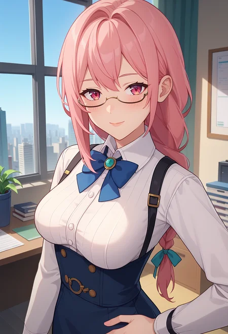 score_9, score_8_up, score_7_up, anime screencap, source_anime, 1girl, solo,
<lora:Tsukishiro_Yanagi_ZZZ_V1:.85>, KJOyanahi, pink hair, pink eyes, long hair, braided ponytail, low ponytail, 
semi-rimless eyewear, miniskirt, white collared shirt, long sleeves, straps, bowtie,
hand on own hip, light smile, blush, head tilt, contrapposto,
office, window, cityscape, 
(Beautiful, medium Breasts:1.2), mature female,