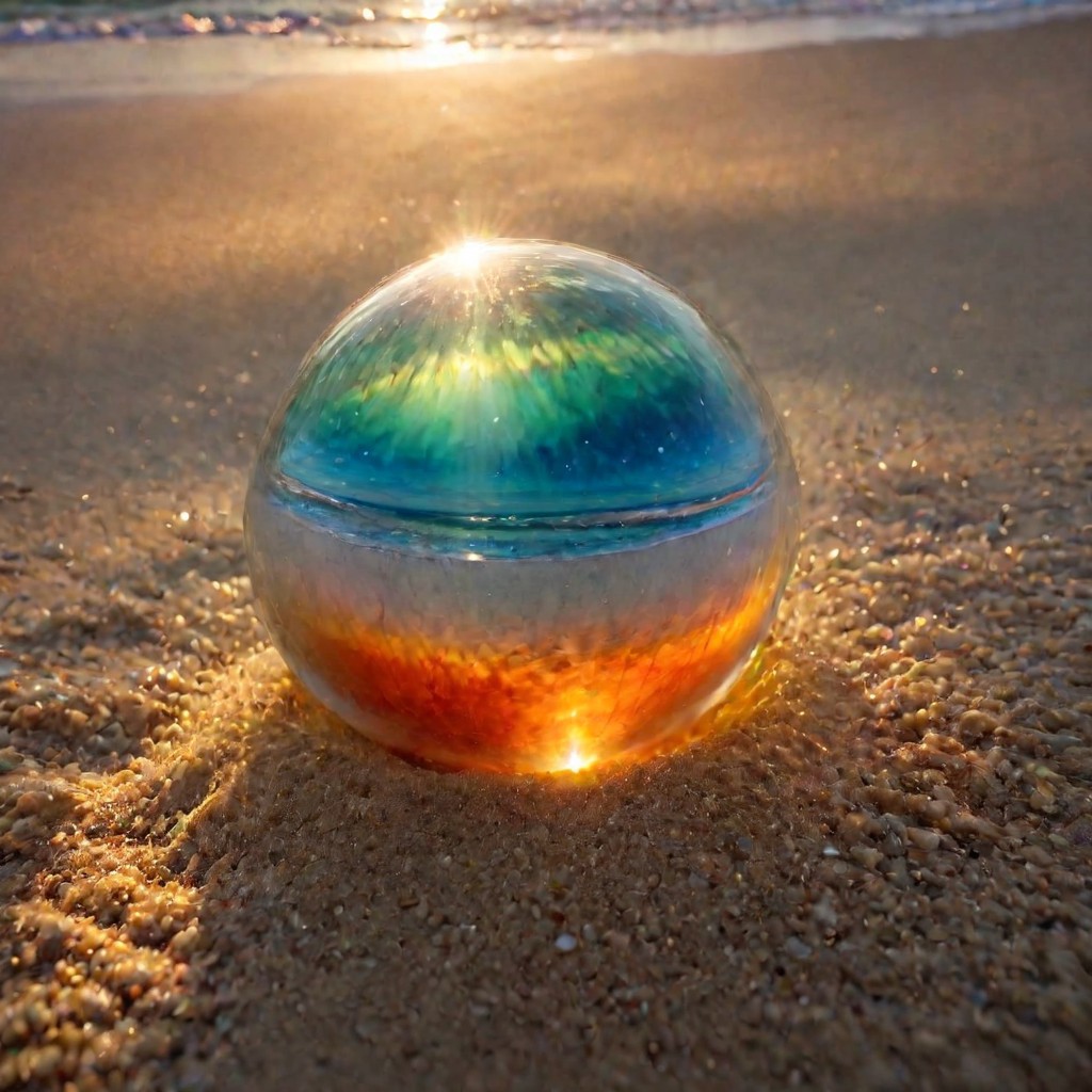 macrophotography,extreme close up of (perfectly spheric glass ball) partially buried in sand beach at sunset, rainbow highlights.  Sunset beams on the windblown sand through glasse,<lora:EnvyRefractionXL01:1>,This should be a ((masterpiece)) with a ((best_quality)) in ultra-high resolution, both ((4K)) and ((8K)), incorporating ((HDR)) for vividness. It uses a ((Kodak Portra 400)) lens for timeless, professional quality. Emphasizes a ((blurred background)) with a touch of ((bokeh)) and ((lens flare)) for an artistic effect. Enhance ((vibrant colors)) for a vivid look. Make sure the photograph is ((ultra-detailed)) and shows ((absurd)) details. Pay special attention to capturing the ((sadness)) of the subject. The goal is to create a ((professional photograph)) that is visually stunning and technically excellent, fluorescent dust, glowing dust