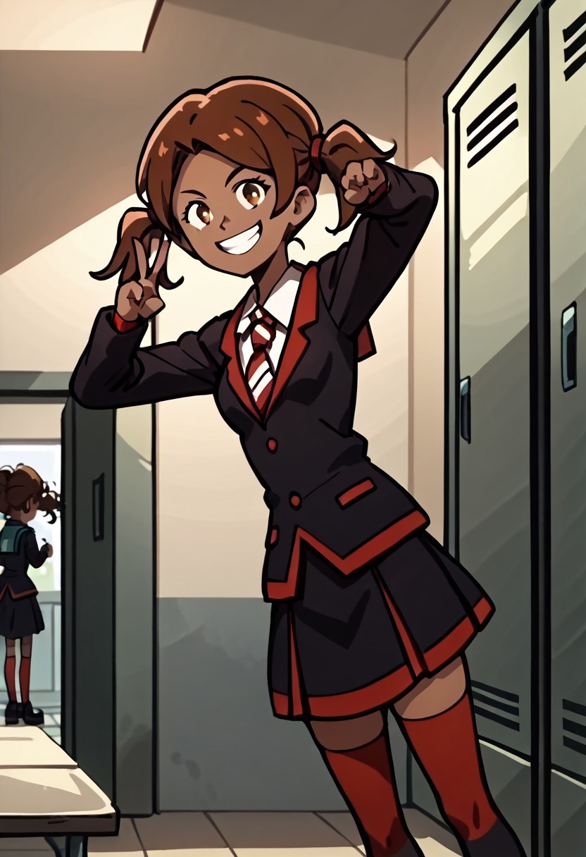 source_anime, anime_screencap, anime_coloring, score_9, score_9_up, score_8, score_8_up, score_7, score_7_up, score_6, score_6_up, highres, Rating_Safe, 
G3, 1girl, dark-skinned female, pigtails, brown hair, dot eyes,
school uniform, jacket, necktie, skirt, socks, thighhighs, black shoes
smiling, grin, teeth, v, victory pose, locker room, indoors, grey walls, crowds, cowboy shot, dutch angle, solo
