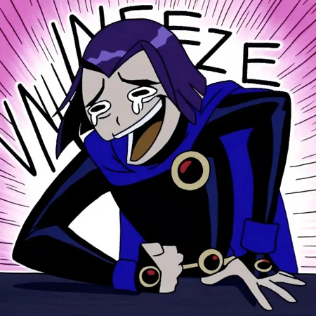 volumetric lighting, raven, solo, black hair, 1girl, female focus, belt, cape, superhero <lora:teentitans_pony_v1:0.8>,score_9, score_8_up, score_7_up, 1boy, Wheeze, open mouth, tears, laughing, <lora:Wheeze_XLPD:0.85>, hand on table, english text, clenched hand,