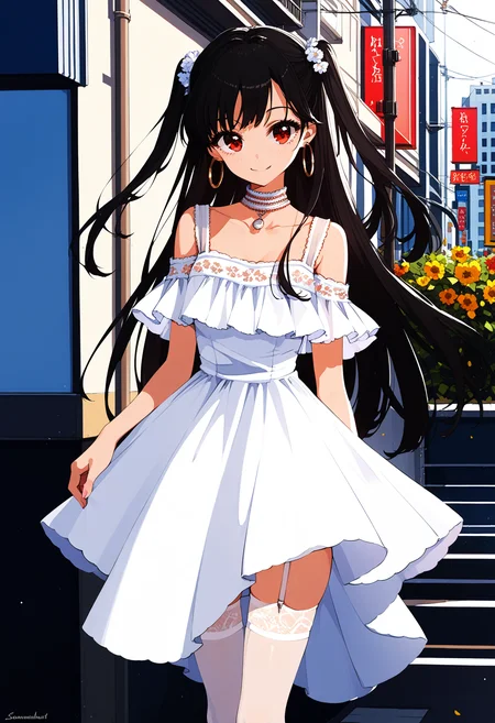 score_9, score_8_up, score_7_up,source_anime,rating_explicit,uncensored,anatomically correct,best perspective BREAK
osanai0804style<lora:osanai0804styleV1.5:1>
sunlight, outdoors, street,
1girl,
dress, long hair, red eyes, thighhighs, black hair, flower, white dress, two side up, jewelry, earrings, white thighhighs, hoop earrings, smile, garter straps