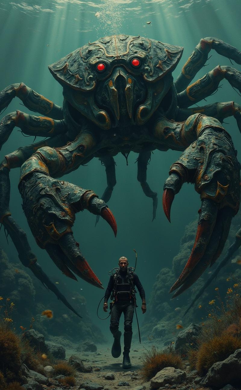 <lora:flux-collagestyle.safetensors:1> darkfantasycollagestyle
In the depths of a shadowy ocean, a world veiled in muted shades of dark green, gray, and blue, a scuba diver in full gear navigates the eerie waters. The diver, a middle-aged man with a rugged complexion and a thick beard, his wetsuit adorned with intricate, almost embossed patterns that suggest ancient maritime lore, treads cautiously. His eyes, wide with a mixture of awe and fear, reflect the diffuse, spectral light that filters through the water, casting soft, diffused shadows around him.
Looming before him is a colossal creature, its form a blend of the organic and the surreal. The creature, shaped like a giant crab, possesses a carapace that seems carved from obsidian, adorned with intricate, gothic patterns that ripple and undulate as if alive. Its massive, razor-edged claws are poised threateningly, each one a masterpiece of supernatural craftsmanship, gleaming with a dark, menacing sheen. The creature's eyes, burning with a deep, red-orange glow, pierce the gloom, adding a focal point of intense contrast to the scene.
The water around them is thick and heavy, as if time itself has slowed, creating a sense of otherworldly stillness. The diver,虽装备齐全，但在这庞大生物面前显得渺小而脆弱。他手中的潜水灯投射出微弱的光芒，照亮了周围的一小片区域，但无法驱散那弥漫在深海中的阴郁氛围。这一刻，仿佛现实与幻想交织，形成了一幅令人着迷而又不寒而栗的画面。
