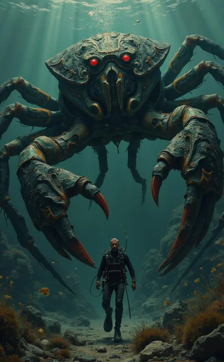 <lora:flux-collagestyle.safetensors:1> darkfantasycollagestyle
In the depths of a shadowy ocean, a world veiled in muted shades of dark green, gray, and blue, a scuba diver in full gear navigates the eerie waters. The diver, a middle-aged man with a rugged complexion and a thick beard, his wetsuit adorned with intricate, almost embossed patterns that suggest ancient maritime lore, treads cautiously. His eyes, wide with a mixture of awe and fear, reflect the diffuse, spectral light that filters through the water, casting soft, diffused shadows around him.
Looming before him is a colossal creature, its form a blend of the organic and the surreal. The creature, shaped like a giant crab, possesses a carapace that seems carved from obsidian, adorned with intricate, gothic patterns that ripple and undulate as if alive. Its massive, razor-edged claws are poised threateningly, each one a masterpiece of supernatural craftsmanship, gleaming with a dark, menacing sheen. The creature's eyes, burning with a deep, red-orange glow, pierce the gloom, adding a focal point of intense contrast to the scene.
The water around them is thick and heavy, as if time itself has slowed, creating a sense of otherworldly stillness. The diver,虽装备齐全,但在这庞大生物面前显得渺小而脆弱。他手中的潜水灯投射出微弱的光芒,照亮了周围的一小片区域,但无法驱散那弥漫在深海中的阴郁氛围。这一刻,仿佛现实与幻想交织,形成了一幅令人着迷而又不寒而栗的画面。