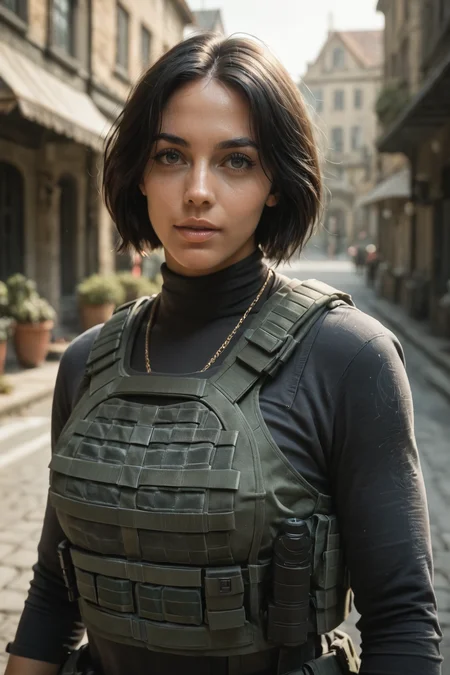 core_9, score_8_up, score_7_up, score_6_up, masterpiece, ultra quality, crystal clear, 8K UHD, high-resolution videogame graphics, female, wearing a bulletproof vest, Modern bob hairstyle, <lora:Sin_Nombre_P:1>, Sin_Nombre