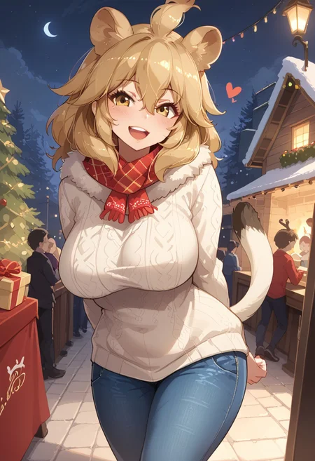 1girl, ((solo)), best quality, ultra-detailed, extremely detailed, perfect anatomy, masterpiece, score_9, score_8_up, score_7_up, Expressiveh, lion (kemono friends), blonde hair, animal ears, tail, yellow eyes, long hair, hair between eyes, fur scarf, scarf, Christmas scarf, big breasts, curvy, tall, voluptuous, wide hips, comfy sweater, Christmas sweater, jeans, pants, fully clothed, looking at viewer, smiling, eager, excited, happy, hearts, outdoors, night time, night, Christmas festival background, carnival, carnival games, Christmas decorations, winter, walking, posing, shuuko, dutch angle, leaning forward, hands behind back,