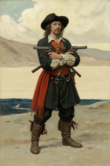 hopy1 illustration.
A man dressed in 17th-century pirate attire, standing against a desolate, rocky landscape with a sea in the background. He is holding two pistols, one in each hand. <lora:hopy1_cap_d6a3e12:1.0><lora:826166204101215989:0>