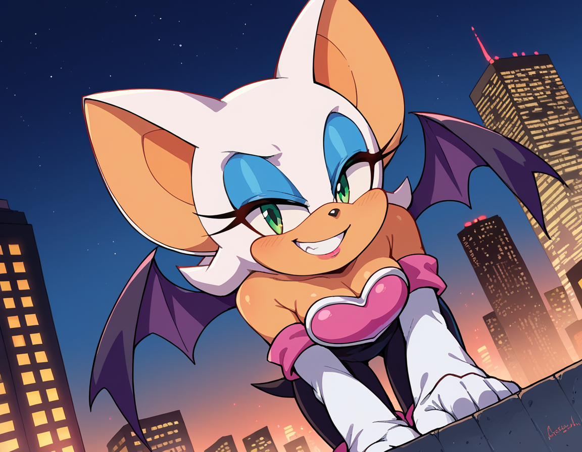 score_9, score_8_up, score_7_up, source_anime,
rougethebat, <lora:rouge-the-bat-ponyxl-lora-nochekaiser:1>
rouge, animal ears, bat ears, bat girl, bat tail, bat wings, eyeliner, furry, furry female, green eyes, makeup, tail, white hair, wings, eyeshadow,
bare shoulders, boots, elbow gloves, gloves, heart, knee boots, white footwear, white gloves,
outdoors, cityscape, night, smile, bent over,
looking at viewer, cowboy shot, dutch angle, solo,