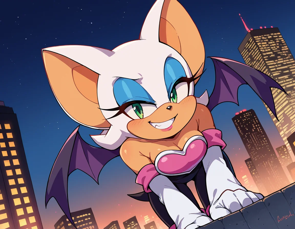 score_9, score_8_up, score_7_up, source_anime,
rougethebat, <lora:rouge-the-bat-ponyxl-lora-nochekaiser:1>
rouge, animal ears, bat ears, bat girl, bat tail, bat wings, eyeliner, furry, furry female, green eyes, makeup, tail, white hair, wings, eyeshadow,
bare shoulders, boots, elbow gloves, gloves, heart, knee boots, white footwear, white gloves,
outdoors, cityscape, night, smile, bent over,
looking at viewer, cowboy shot, dutch angle, solo,