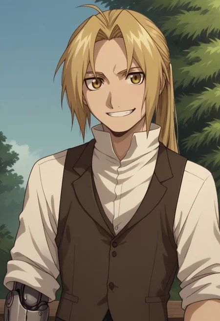 score_9, score_8_up, score_7_up, source_anime, highly detailed,
edwardelric, 1boy, solo, blonde hair, male focus, yellow eyes, ponytail, pants, ahoge, shirt, long hair, white shirt, vest, upper body,
mechanical arms, single mechanical arm,
upper body, slender, skinny, big smile, grin,
outdoor,