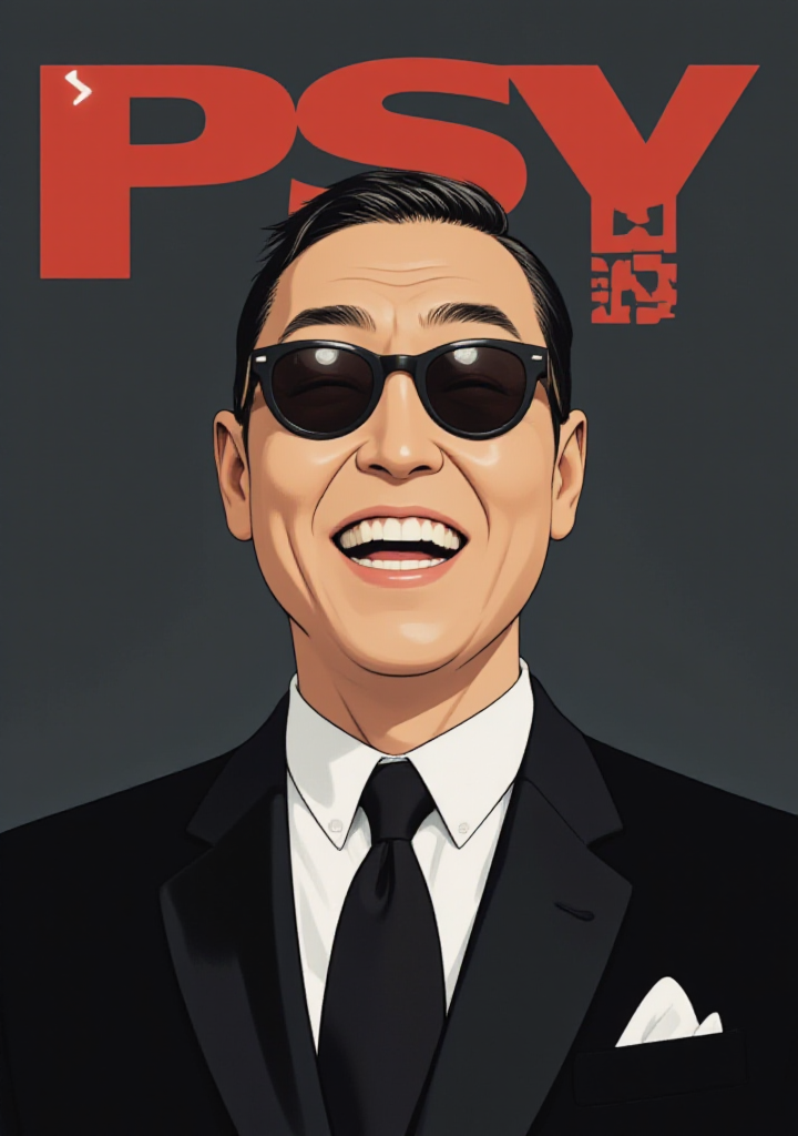 A high-contrast, illustrated headshot of a middle-aged man. He wears a tailored, black suit with a crisp, white shirt and a slim, black tie as well as a pair of sunglasses as he laughs heartily. The background is a deep, dark gray, allowing the subject's features to take center stage. The illustration style is reminiscent of 1960s spy fiction, with bold lines, sharp angles, and a sense of sleek, modern sophistication. The title text "PSY" emblazoned across the top of the image in bold, fun letters.
