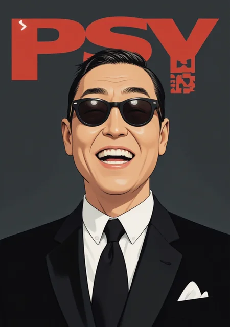 A high-contrast, illustrated headshot of a middle-aged man. He wears a tailored, black suit with a crisp, white shirt and a slim, black tie as well as a pair of sunglasses as he laughs heartily. The background is a deep, dark gray, allowing the subject's features to take center stage. The illustration style is reminiscent of 1960s spy fiction, with bold lines, sharp angles, and a sense of sleek, modern sophistication. The title text "PSY" emblazoned across the top of the image in bold, fun letters.