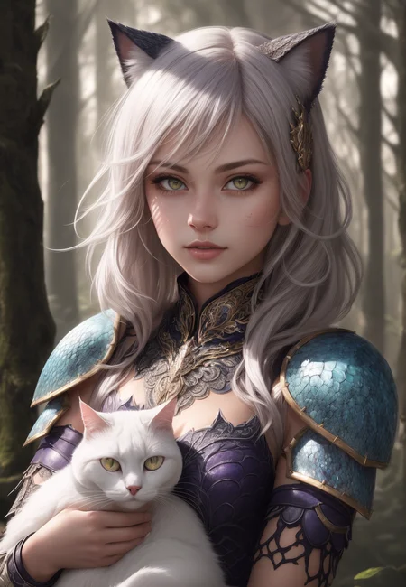 girl holding cat, cat ears, chibi, blue, gold, white, purpple, dragon scaly armor, forest background, fantasy style, (dark shot:1.17), epic realistic, faded, ((neutral colors)), art, (hdr:1.5), (muted colors:1.2), hyperdetailed, (artstation:1.5), cinematic, warm lights, dramatic light, (intricate details:1.1), complex background, (rutkowski:0.8), (teal and orange:0.4), colorfull, (natural skin texture, hyperrealism, soft light, sharp:1.2), (intricate details:1.12), hdr, (intricate details, hyperdetailed:1.15), white hair,