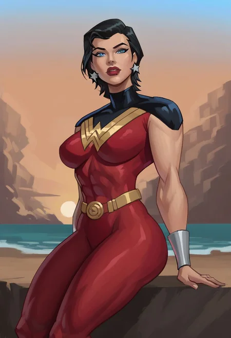 score_9, score_8_up, score_7_up, score_6_up, beach, sunset, sitting, sun, red sky, looking at viewer, BREAK DC_JLU_WonderWoman_JusticeLords_ownwaifu, 
1girl, blue eyes, jewelry, black hair, short hair, breasts, lipstick, makeup, red lips, star (symbol), belt, bracer, red bodysuit, wristband, star earrings, toned,