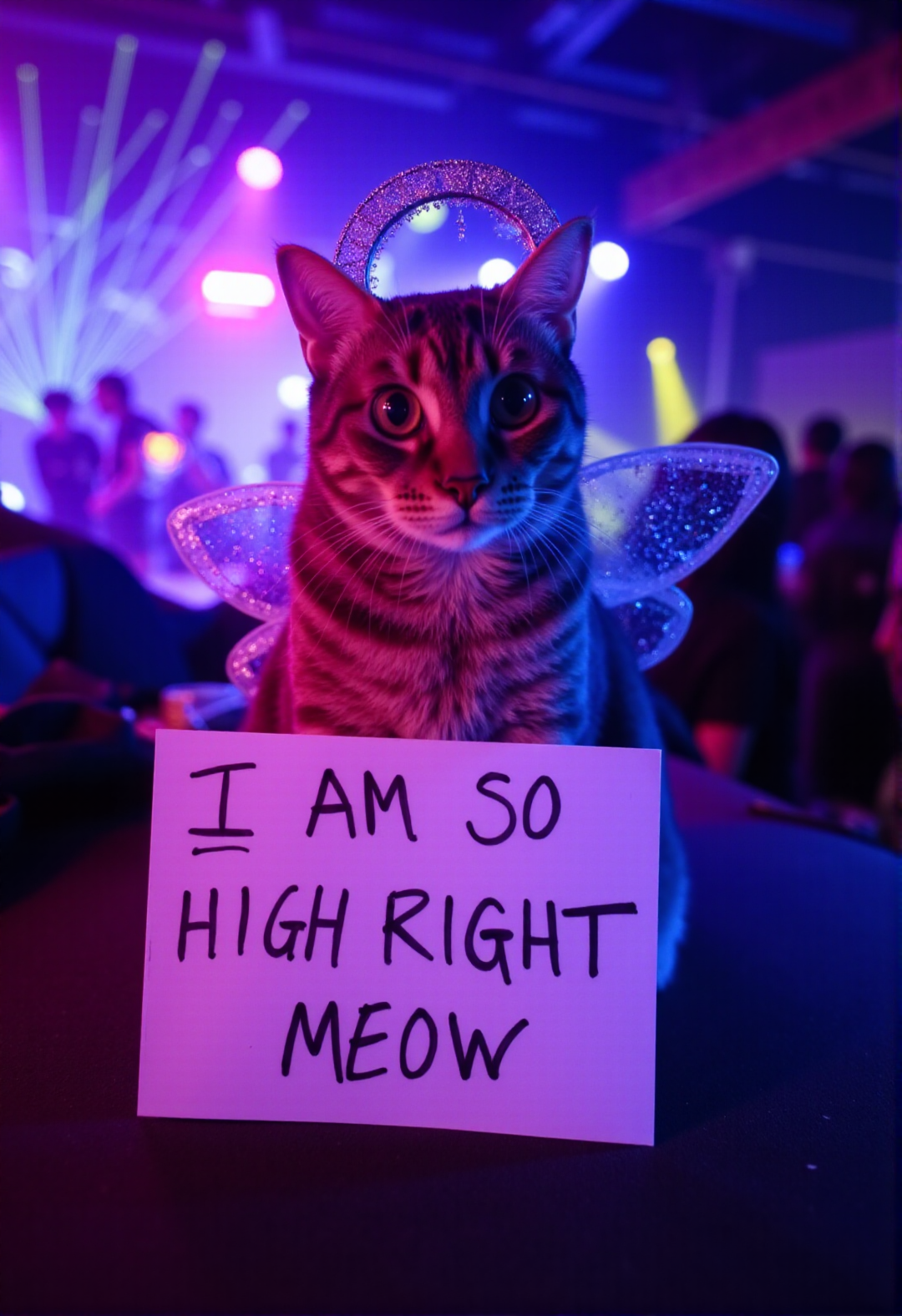 sh4m3, a high-resolution photo of a cat with a sign in front of it that says: "I am so high right meow" <lora:CatShame-000007:1> the cat is wearing pixie wings and has a fake cheap costume halo.  In the background is a rave with laser lightshow in bokeh