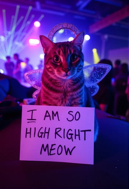 sh4m3, a high-resolution photo of a cat with a sign in front of it that says: "I am so high right meow" <lora:CatShame-000007:1> the cat is wearing pixie wings and has a fake cheap costume halo.  In the background is a rave with laser lightshow in bokeh
