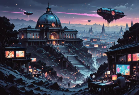 A digital artwork in the style of cknc: an intricate, high-contrast Shinto shrine nestled in misty mountain terrain at sunset. A long staircase with tori gates ascends through rocky woodland towards the shrine, depicted in a busy vector cartoon illustration with refulgent, hyphae-like, indigo blue, galactic elements in a British comic style. Features an exhausted, romantic, mystifying, rapid-fire, concave conceptual futuristic gothic hardsurface device design on a table, within a moody repair shop aesthetic by California, set in dystopian and surreal surroundings.
Alternatively, the U.S. Capitol Building is reimagined as the futuristic headquarters of the Weyland-Yutani Corporation. Classical architecture blends seamlessly with sleek, technological enhancements, creating a cyberpunk aesthetic. The dome displays the glowing Weyland-Yutani logo, signifying corporate dominance. Neon corporate advertisements illuminate the night sky, contrasting with the landmark's metallic marble facade and transparent aluminum windows. Durable, synthetic materials reinforce the columns. Aerial vehicles streak across the image, while a colossal holographic dragonfly spaceship hovers above. The grounds are a bustling hub of robotic workers and augmented reality users. The scene juxtaposes the past and present, symbolizing corporate power intertwined with political history, redefining the skyline.