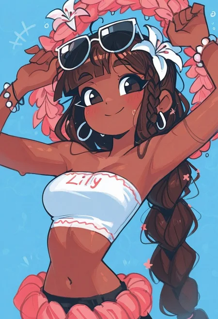 1 girl , solo , crownbraid , big braided ponytail , lily flower wealth , hair hoop , flower lei , tube top , smile , bracelet , brown skin , sunglasses on head ,
masterpiece, best quality ,amazing quality , 4ndaerz_illu, Karinami Inkblush mode ,