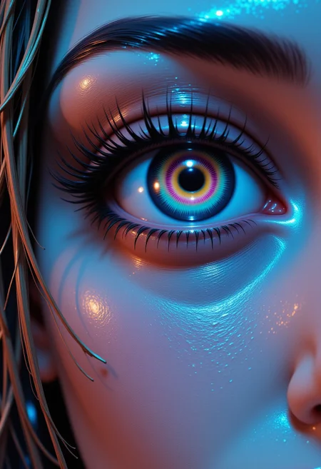 Jeddtlv3, prompt: A cinematic extreme close-up of a woman's eye as rainwater drips from her lashes, mixing with silent tears. The reflection in her pupil reveals a cityscape filled with neon lights. Slow-motion raindrops capture the delicate moment of sadness, emphasizing the texture of her wet skin and the way water moves dynamically over her face.
.in the style of Jedspy, psychedelic colors