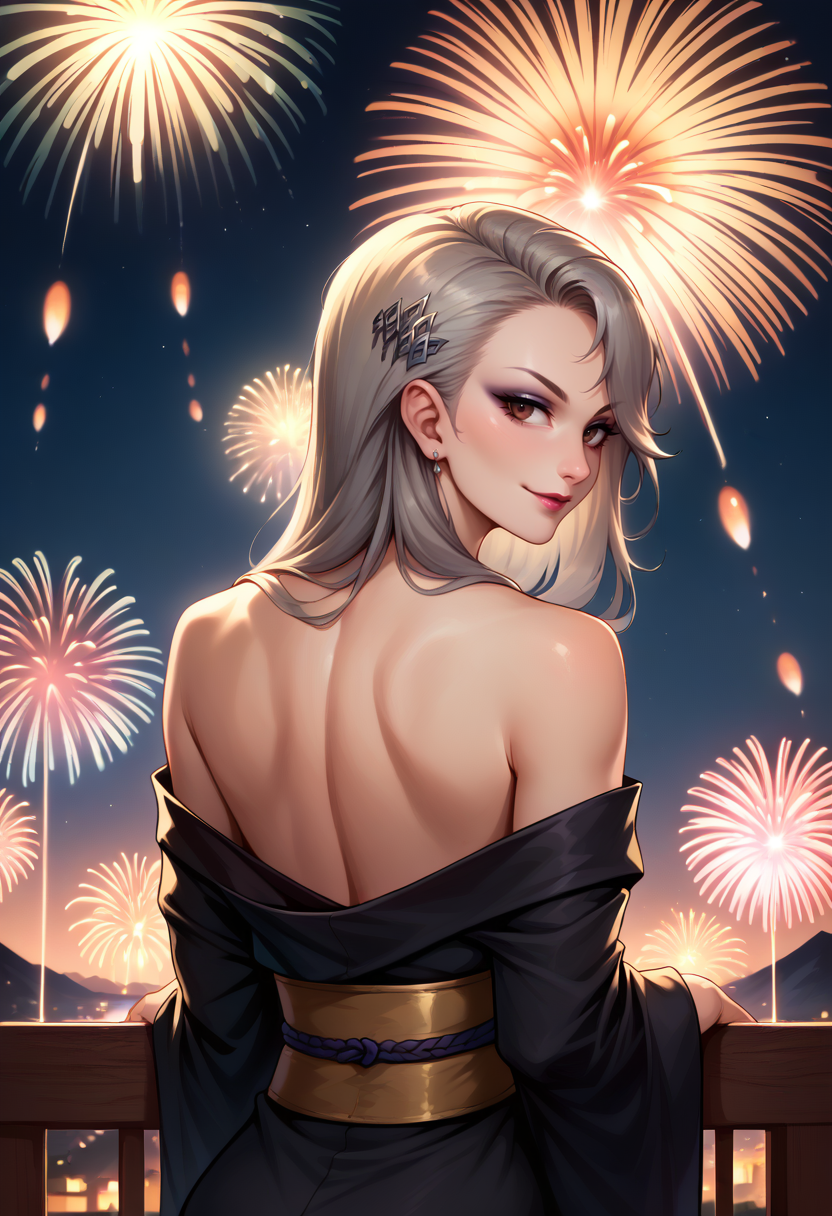 score_9, score_8_up, score_7_up, from behind, solo, 1girl, saeniijima, makeup, lipstick, slight smile, looking back, hair ornament, brown eyes, black kimono, off shoulder, bare shoulders, fireworks <lora:persona5_saeniijima_ponyXL:1>